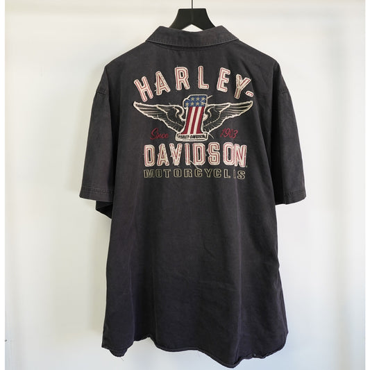 (3XL) Vintage Harley Davidson Stitched Button Down Biker Shirt Men's 3XL Black Eagle
