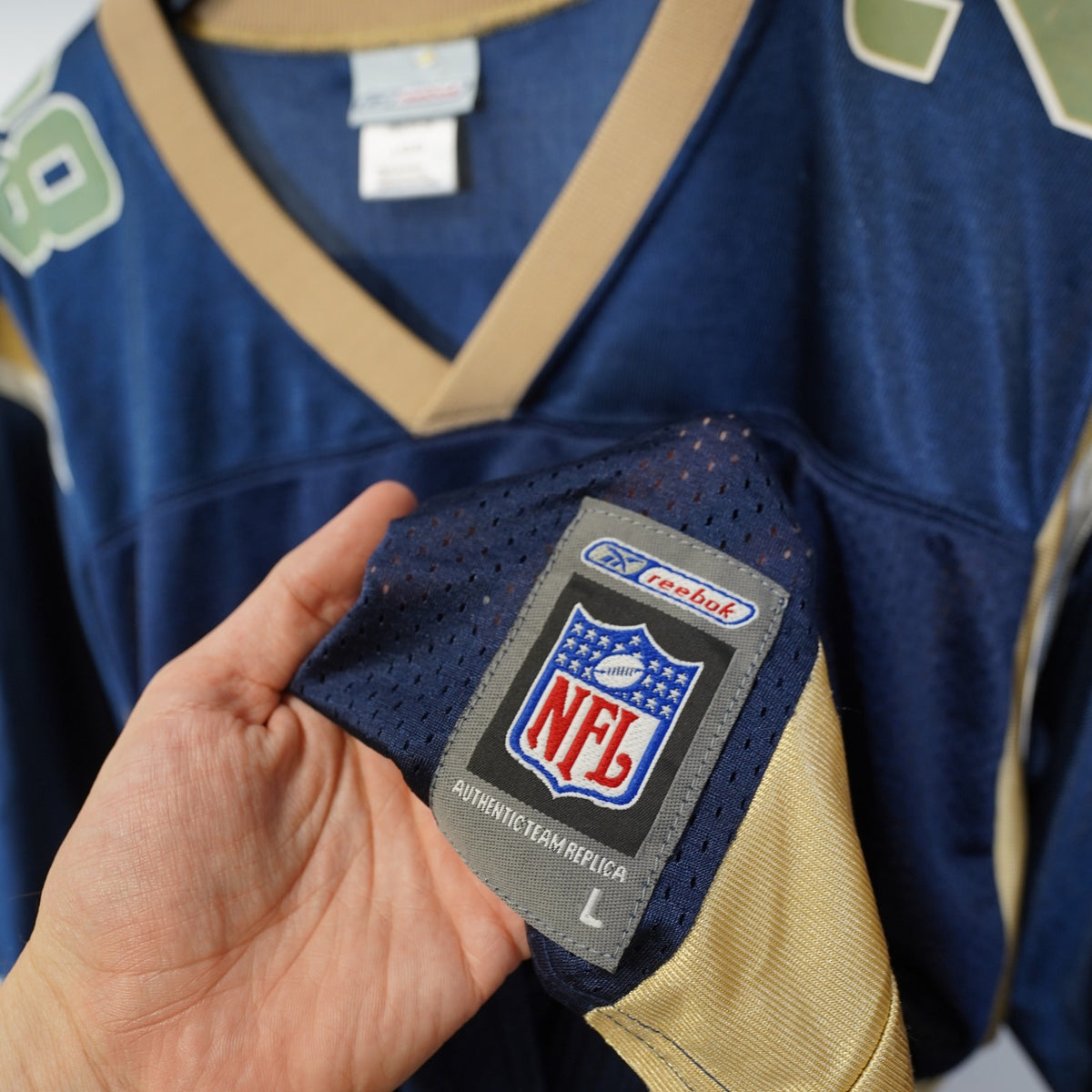 (L) Marshall Faulk Vintage St. Louis Rams Reebok Football Jersey Men's L Blue Gold