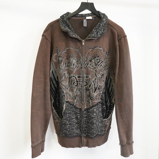 (M) Vintage Y2K Jesus Christ Full Zip Religious Sweater Men's M Brown 2000s Tribal