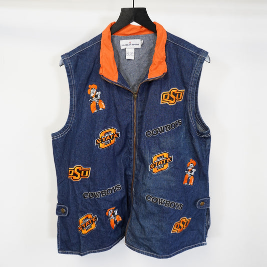 (Women's XL) Vintage Oklahoma State Cowboys Embroidered Denim Vest Women's XL Western