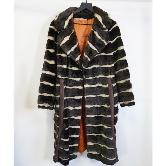 (Women's L) Vintage 70s Grandella Striped Faux Fur Coat Women's Size 14 Brown White Belted