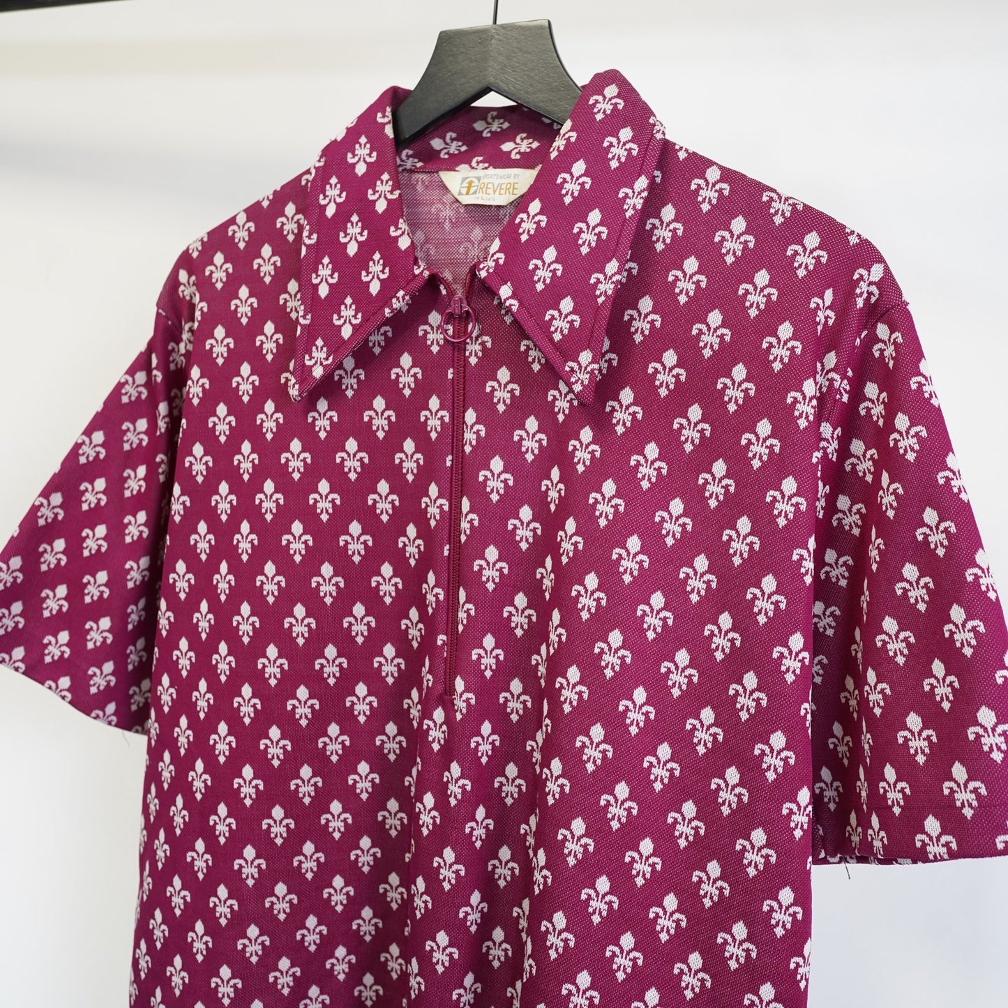 (L) True Vintage Fleur De Lis Revere Knit Golf Polo Shirt Men's L Pink Bowling 70s
