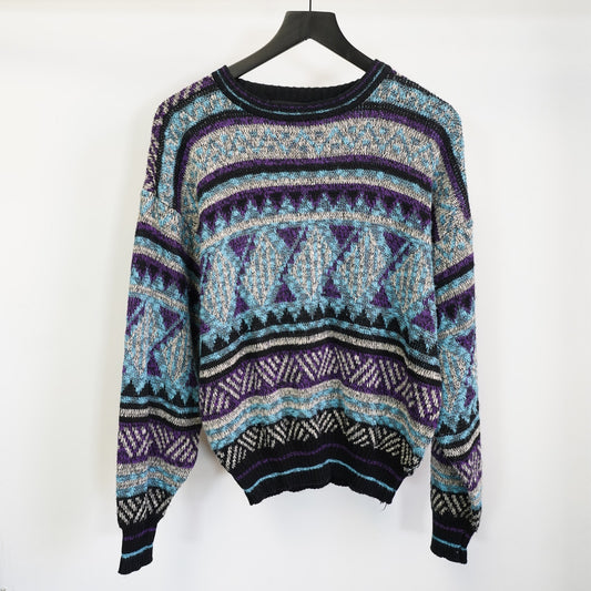 (M) Vintage Expressions 90s Geometric Knit Sweater Men's M Purple Aqua Retro 80s