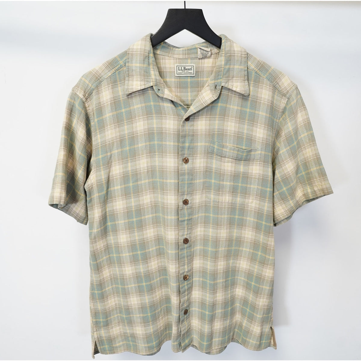 (M) L.L. Bean Cloud Gauze Button Up Plaid Camp Shirt Men's M Tan Green Short Sleeve