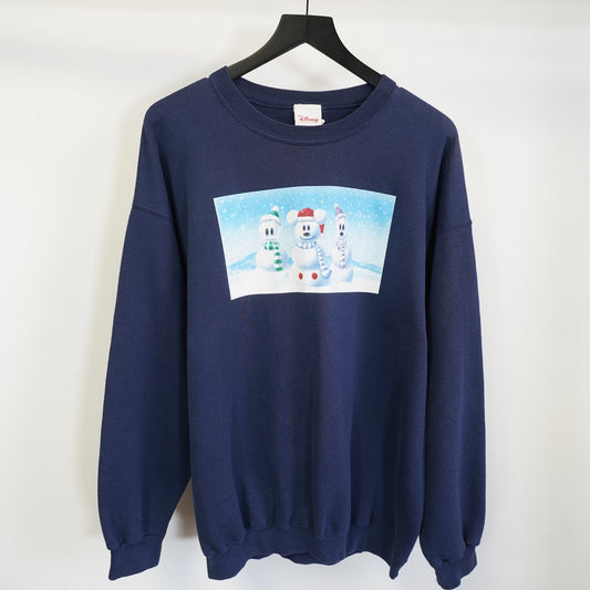 (L) Vintage Disney Mickey Mouse Snowman Christmas Sweatshirt Men's L Blue Goofy Duck