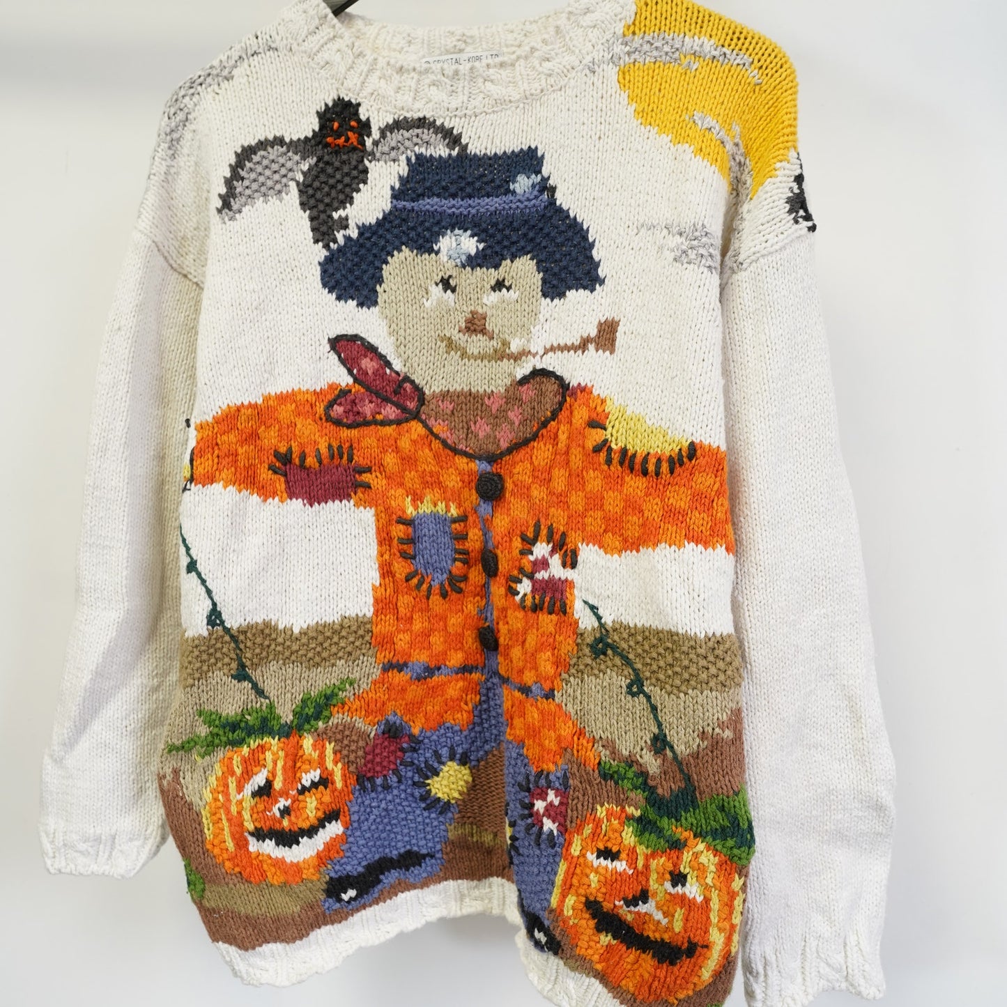 (L) Vintage Fall Halloween Scarecrow Heavy Knit Sweater Women's L Orange Festive