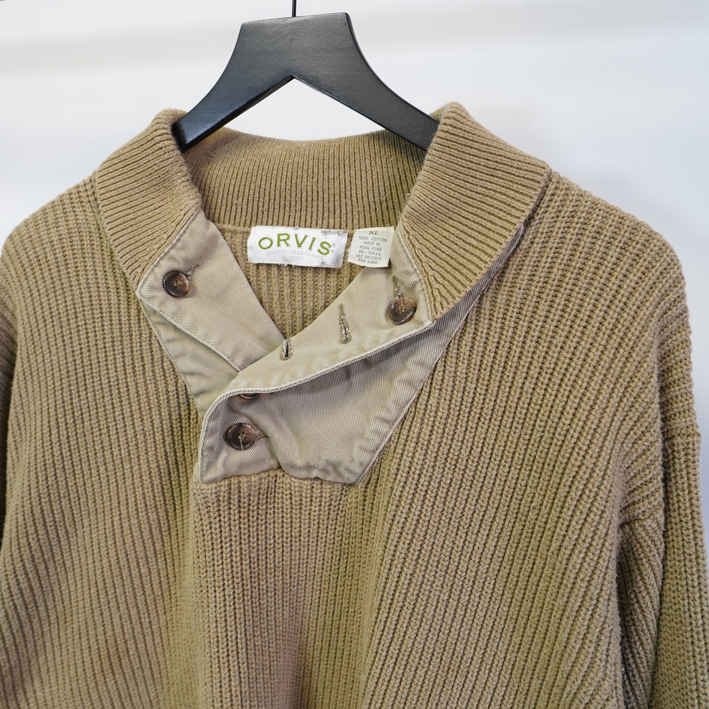 (XL) Vintage Orvis Heavy Knit Commando Fisherman Sweater Men's XL Khaki Shawl Collar