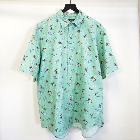 (XLT) Polo Ralph Lauren Marlin Hawaiian Button Up Men's XLT Turquoise Untucked Fish