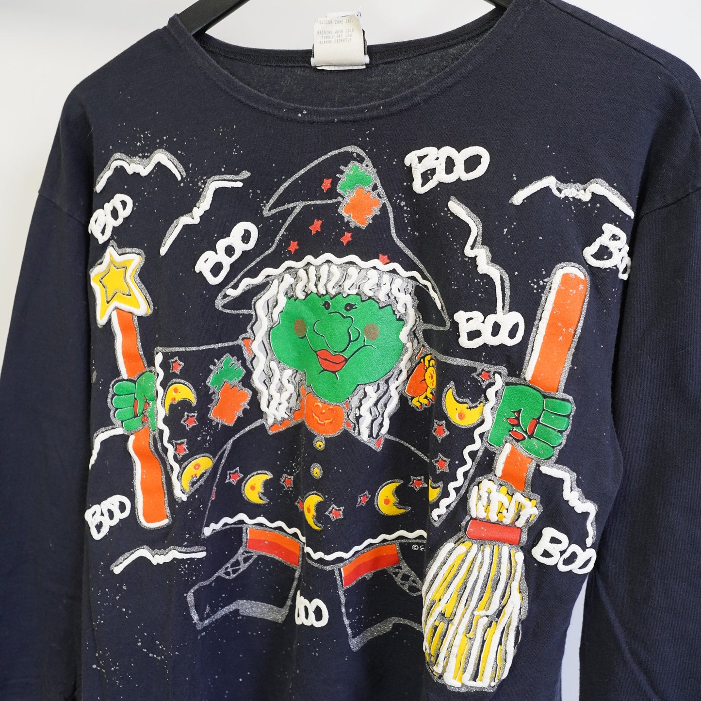 (Women's S) Vintage 90s Halloween Witch Holiday Spooky LS T-Shirt Women's S Oversized Black