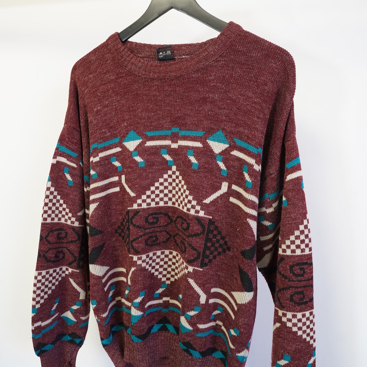 (M) Vintage 90s Evernew Knit Geometric Sweater Men's M Maroon Retro