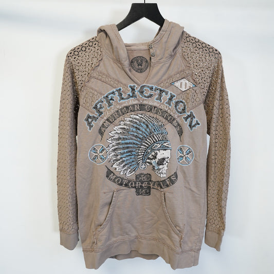 (Women's L ) Sinful Affliction Hoodie Lace Sleeves Made USA Skull Biker Y2K Tan
