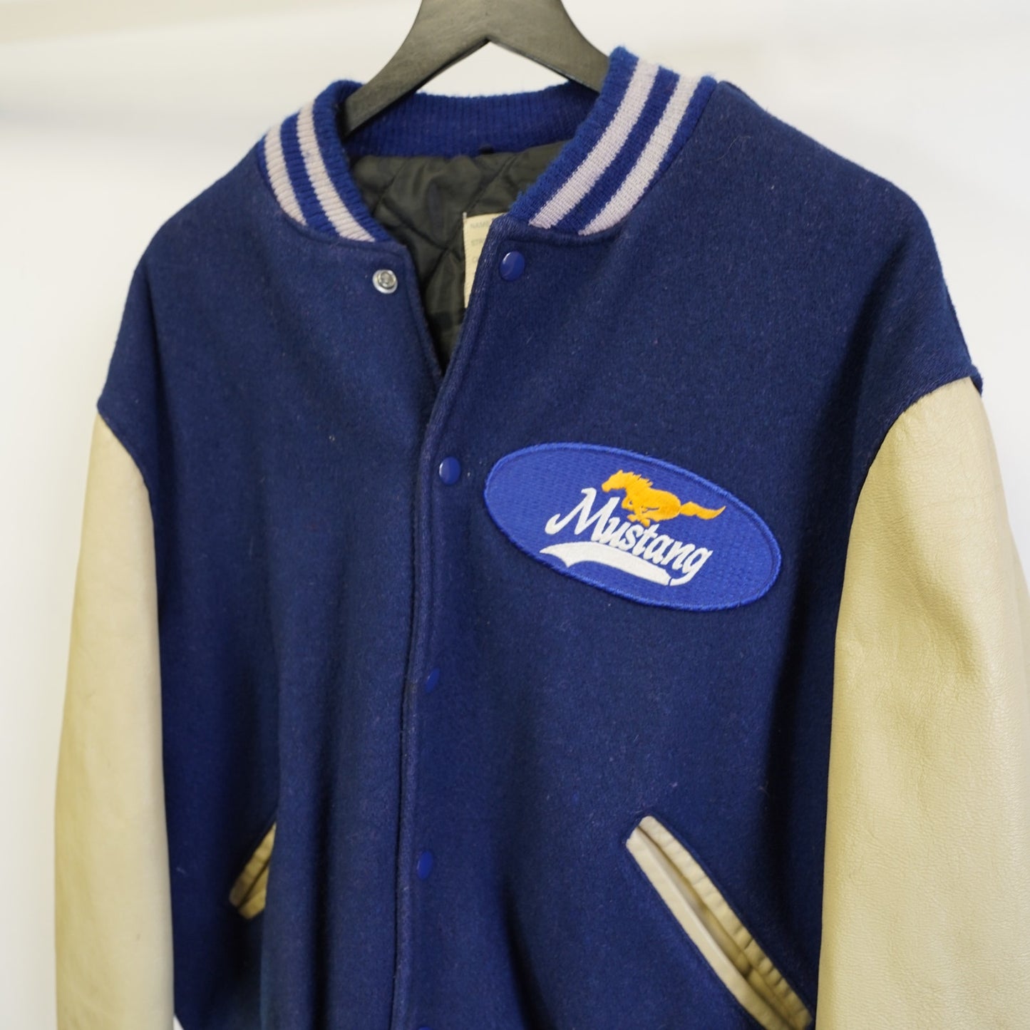 (XL) Vintage Ford Mustang DeLong Varsity Jacket Men's XL Sz. 48 Blue Tan Leather Wool
