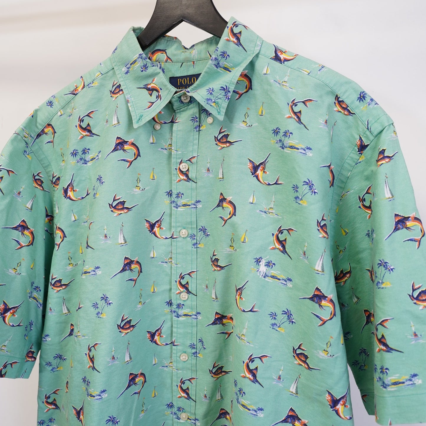 (XLT) Polo Ralph Lauren Marlin Hawaiian Button Up Men's XLT Turquoise Untucked Fish