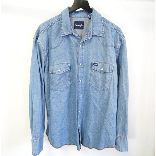(XL) Vintage Wrangler Western Denim Pearl Snap Button Up Men's XL Blue 90s Indie