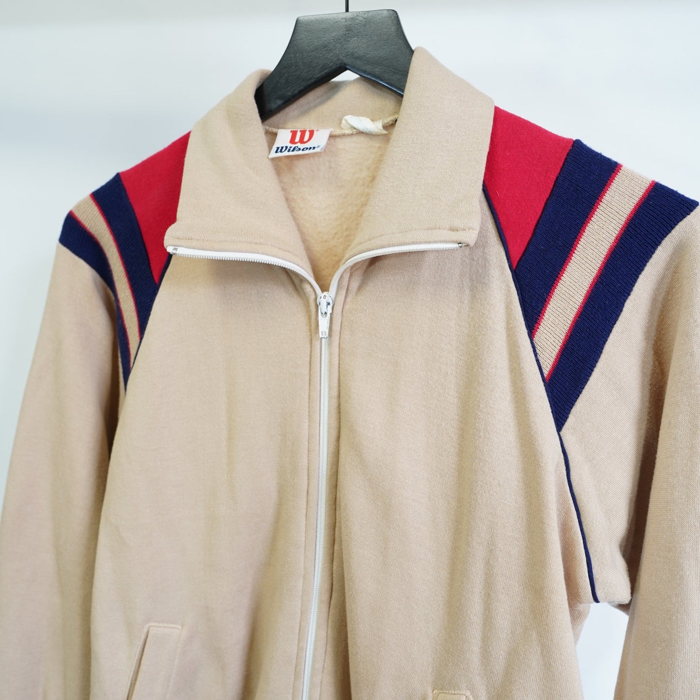 (S) True Vintage 1980s Wilson Track Jacket Full Zip Men's S Tan Red Tennis Striped