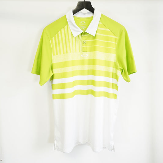 (M) Oakley Lime Green Striped Performance Golf Polo Shirt Men's M Tennis Preppy Tech