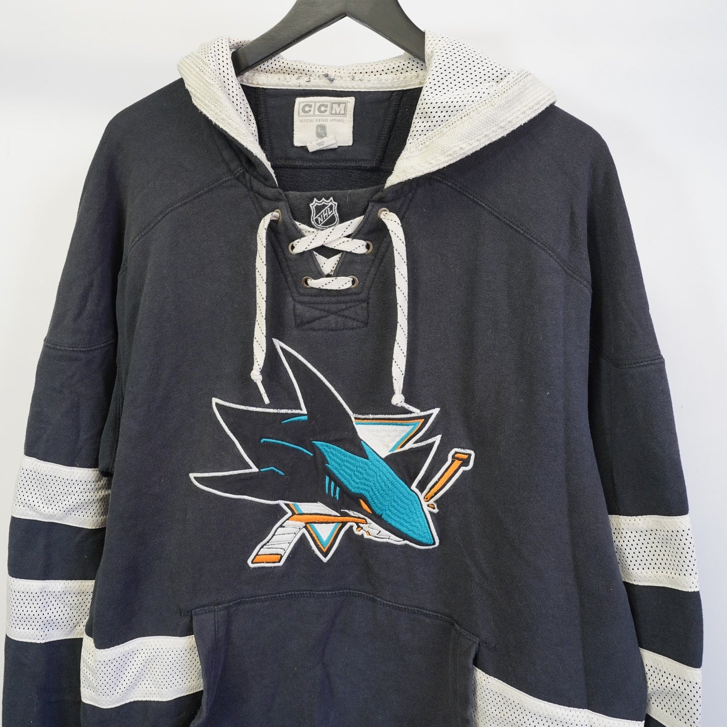 (XL) San Jose Sharks CCM Sewn Hockey Jersey Hoodie Men's XL Black White Retro