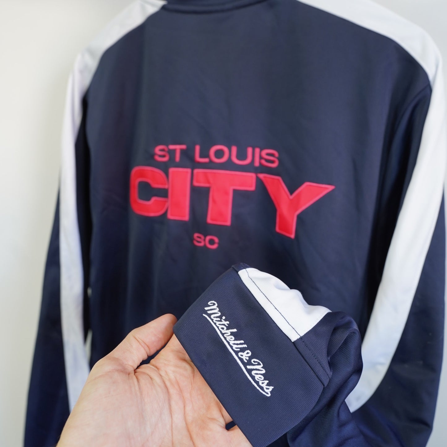 (L) St. Louis City FC Mitchell & Ness Warm Up Track Jacket Men's L Blue Embroidered