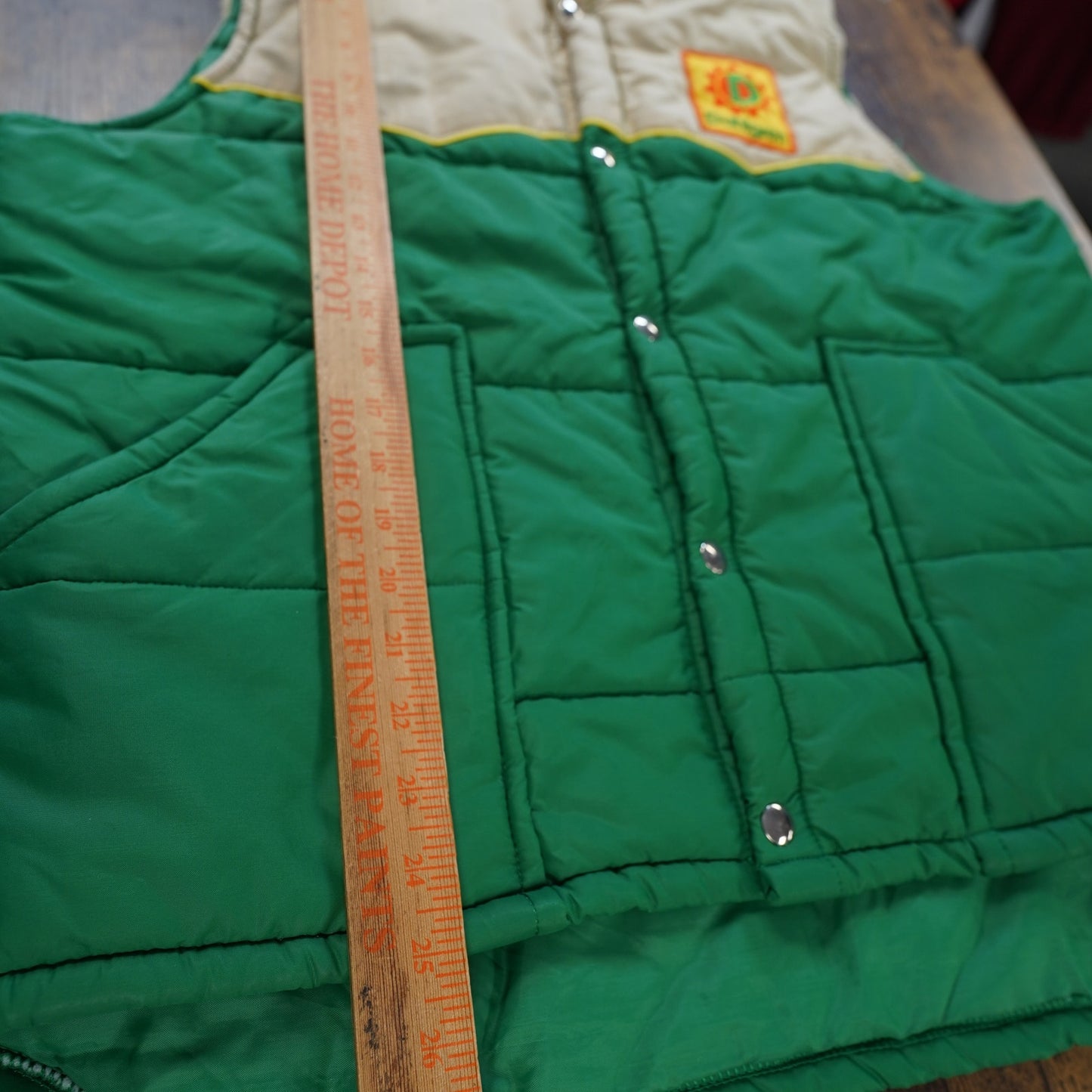 (L) Vintage 70s Dahlgren Western Down Puffer Vest Men's L Green Tan Two Tone 80s