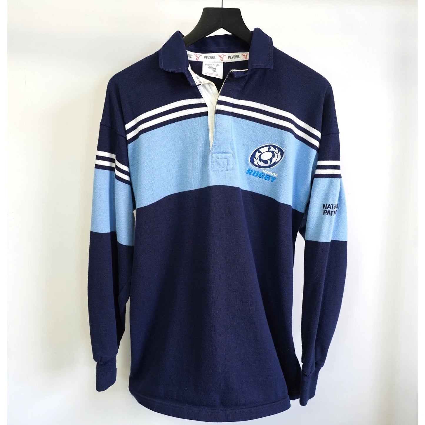(L) Vintage Peveril Scottish Rugby Longsleeve Jersey Polo Shirt Men's L Blue Stripe