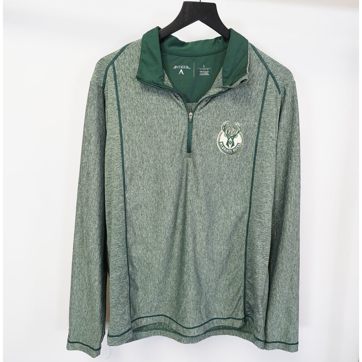 (L) Antigua Milwaukee Bucks Sewn 1/4 Zip Pullover Performance Sweater Men's L Green