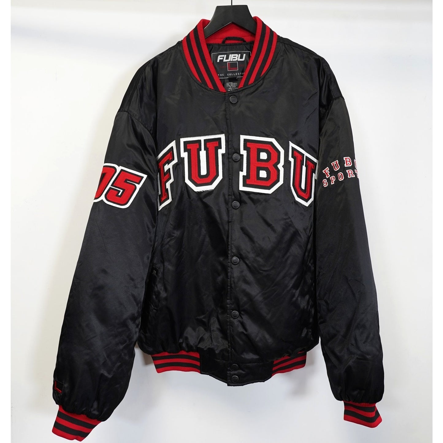 (XL) Vintage Fubu Embroidered Satin Bomber Jacket Men's XL Black Y2K Hip Hop 2000s