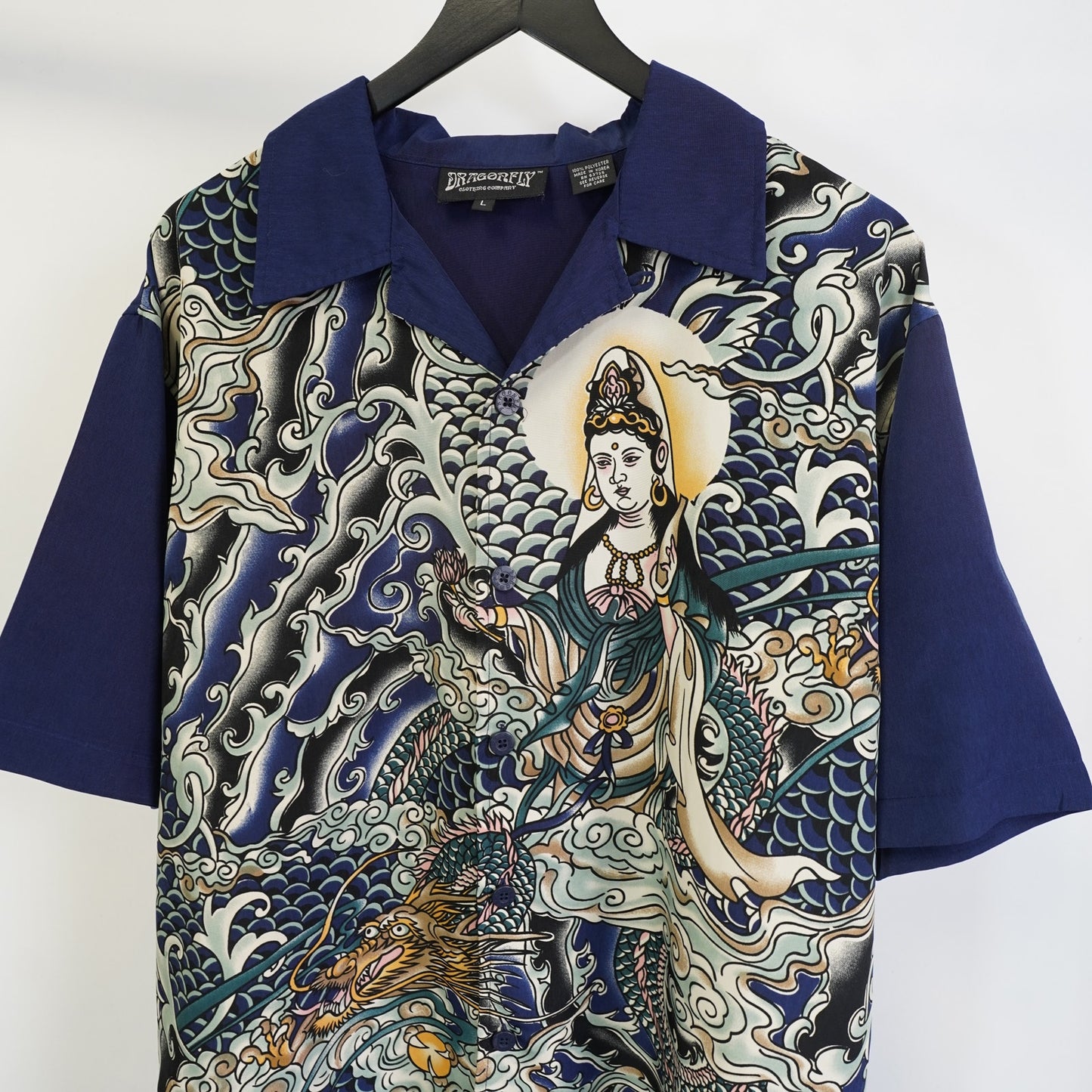 (L) Vintage Dragonfly Y2K Samurai Japanese Button Up Shirt Men's L Blue AOP 2000s