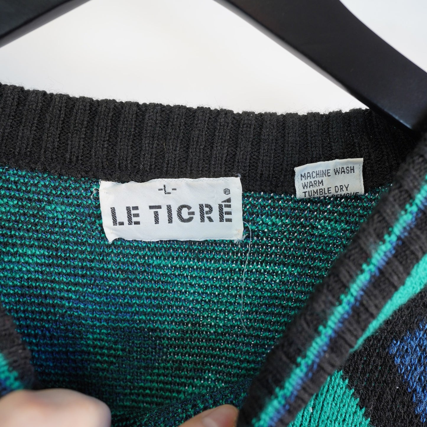(L) Vintage 90s Le Tigre Black Knit Sweater Retro Abstract Aztec