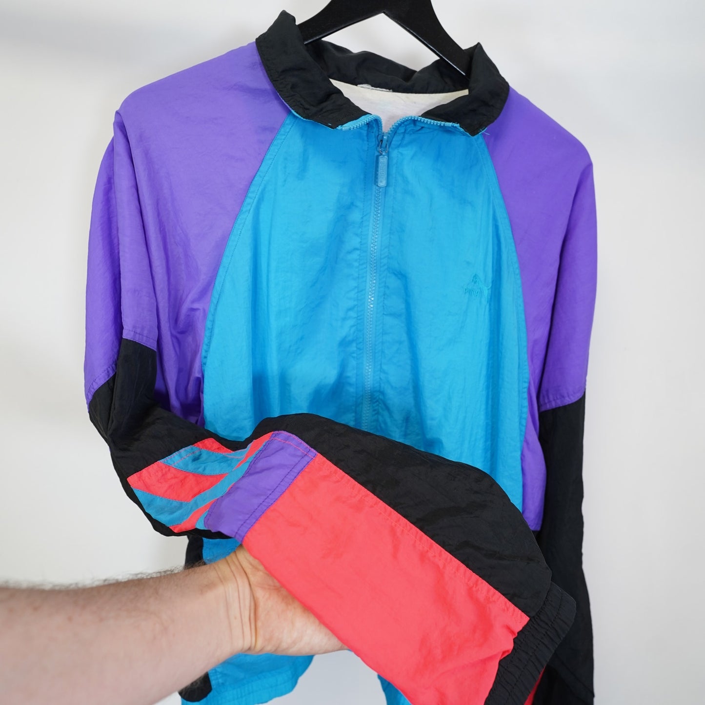 (XL) Vintage 90s Puma Windbreaker Jacket Men's XL Blue Purple Neon Pink Retro Running