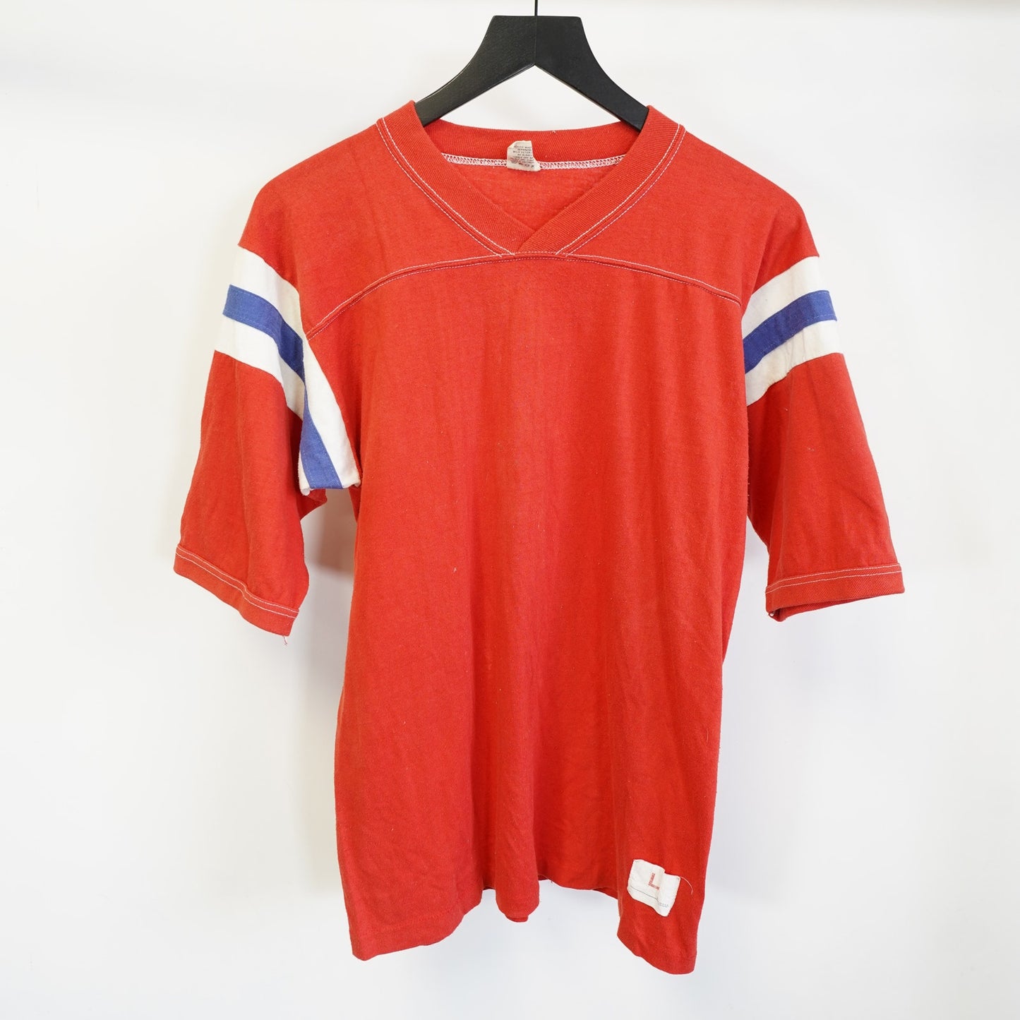 (L) True Vintage 1970s Blank Football Jersey Men's L Red Medallion 3/4 Sleeve