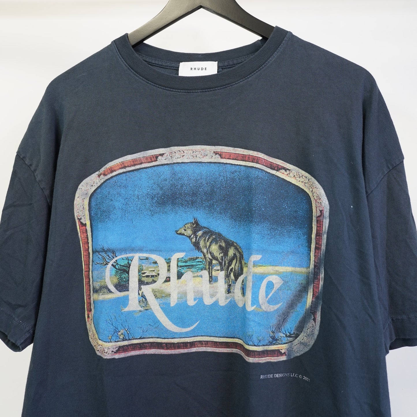 (L) Rhude Lone Wolf Graphic T-Shirt Men's L Navy Blue Grey Streetwear