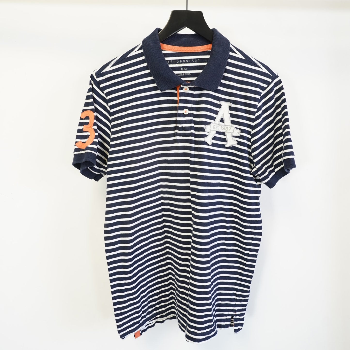 (M) Aeropostale Embroidered Striped Polo Shirt Y2K Men's M Blue White 2000s Preppy