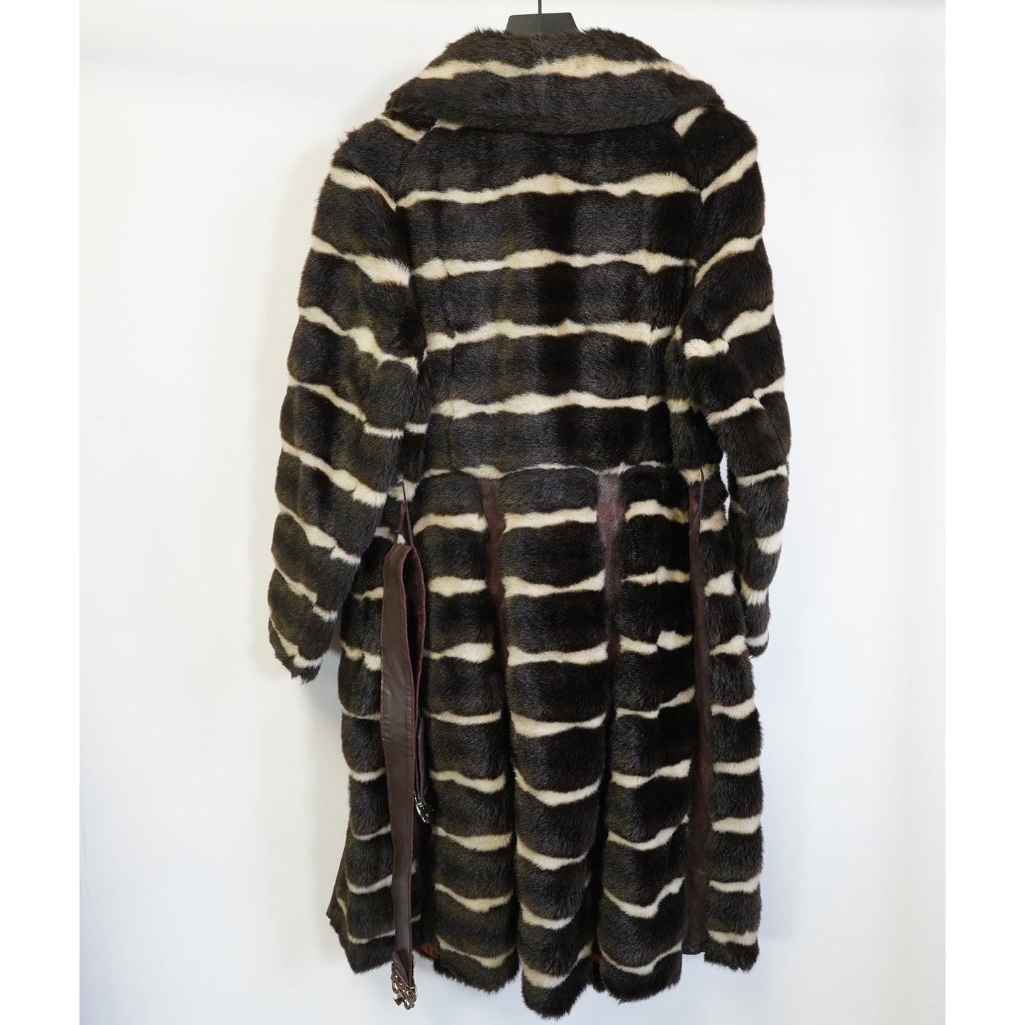 (Women's L) Vintage 70s Grandella Striped Faux Fur Coat Women's Size 14 Brown White Belted