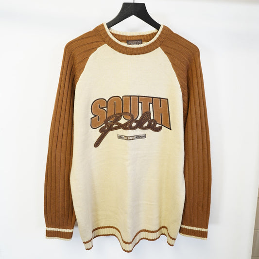 (L) Vintage Southpole Y2K Embroidered Knit Sweater Men's L Cream Tan 2000s Retro