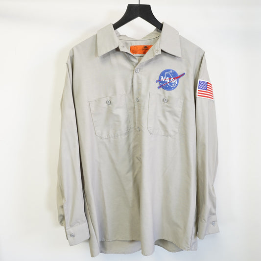 (L) Vintage Nasa Red Kap Sewn Patch Work Button Up Shirt Men's L Gray Meatball Logo