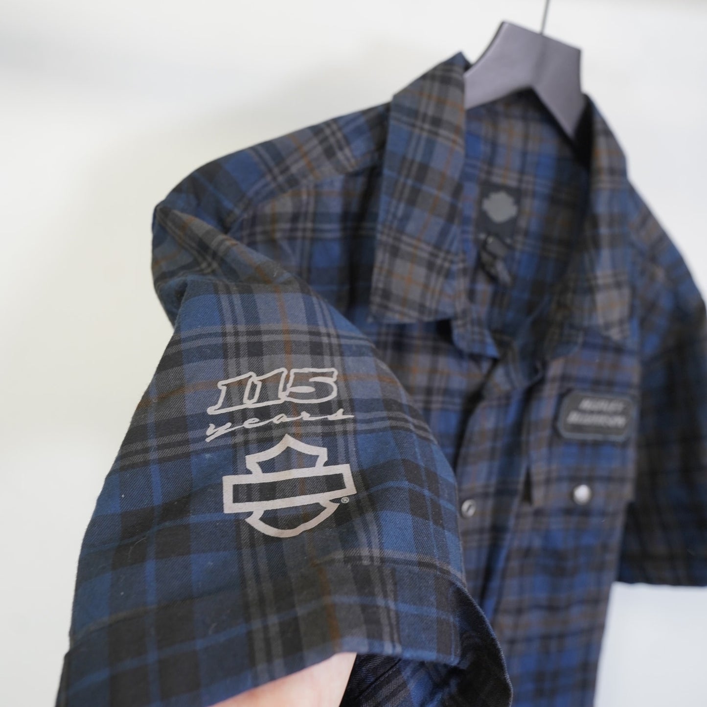 (L) Harley Davidson Motorcycles Plaid Biker Button Up Shirt Men's L Blue Black
