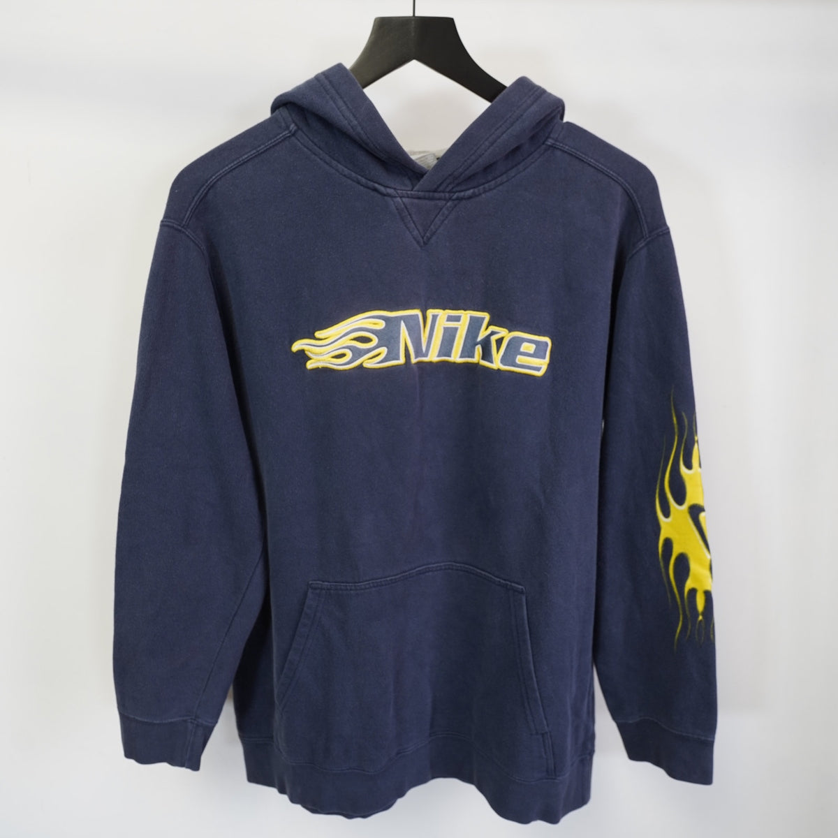 (Men's S) Vintage Nike Y2K Flame Embroidered Hoodie Men's S Youth XL Navy Blue 2000s