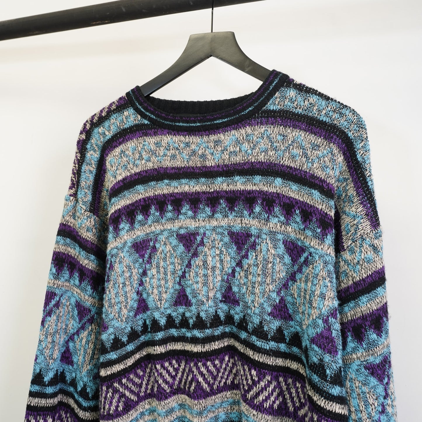 (M) Vintage Expressions 90s Geometric Knit Sweater Men's M Purple Aqua Retro 80s