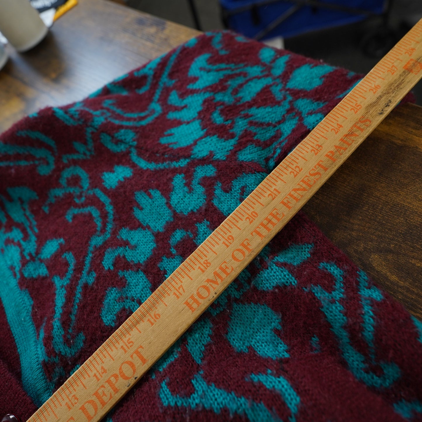 (Women's L) Vintage Illustrations Wool Floral Knit Cardigan Paisley Teal Red