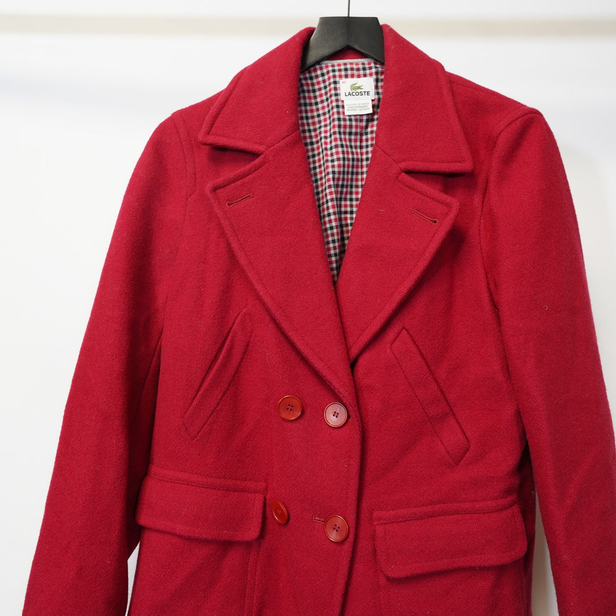(Women's M) Vintage Lacoste Wool Plaid Lined Red Peacoat Women's Sz 40 L Preppy Glam