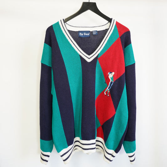 (L) Vintage Par Four Knit Golf Sweater V-Neck Men's L 90s Preppy Retro Aqua Blue