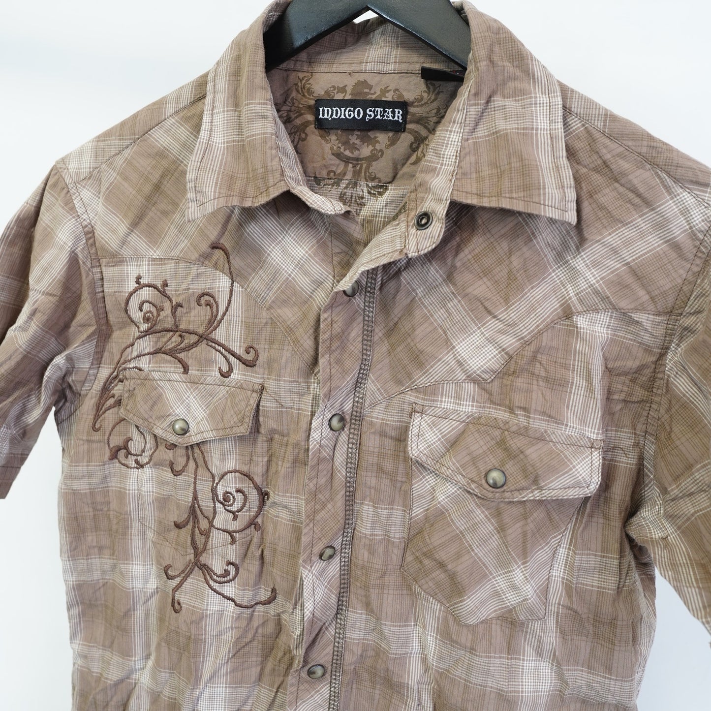 (S) Vintage Indigo Star Y2K Embroidered Western Pearl Snap Button Up Mens S Tan 2000
