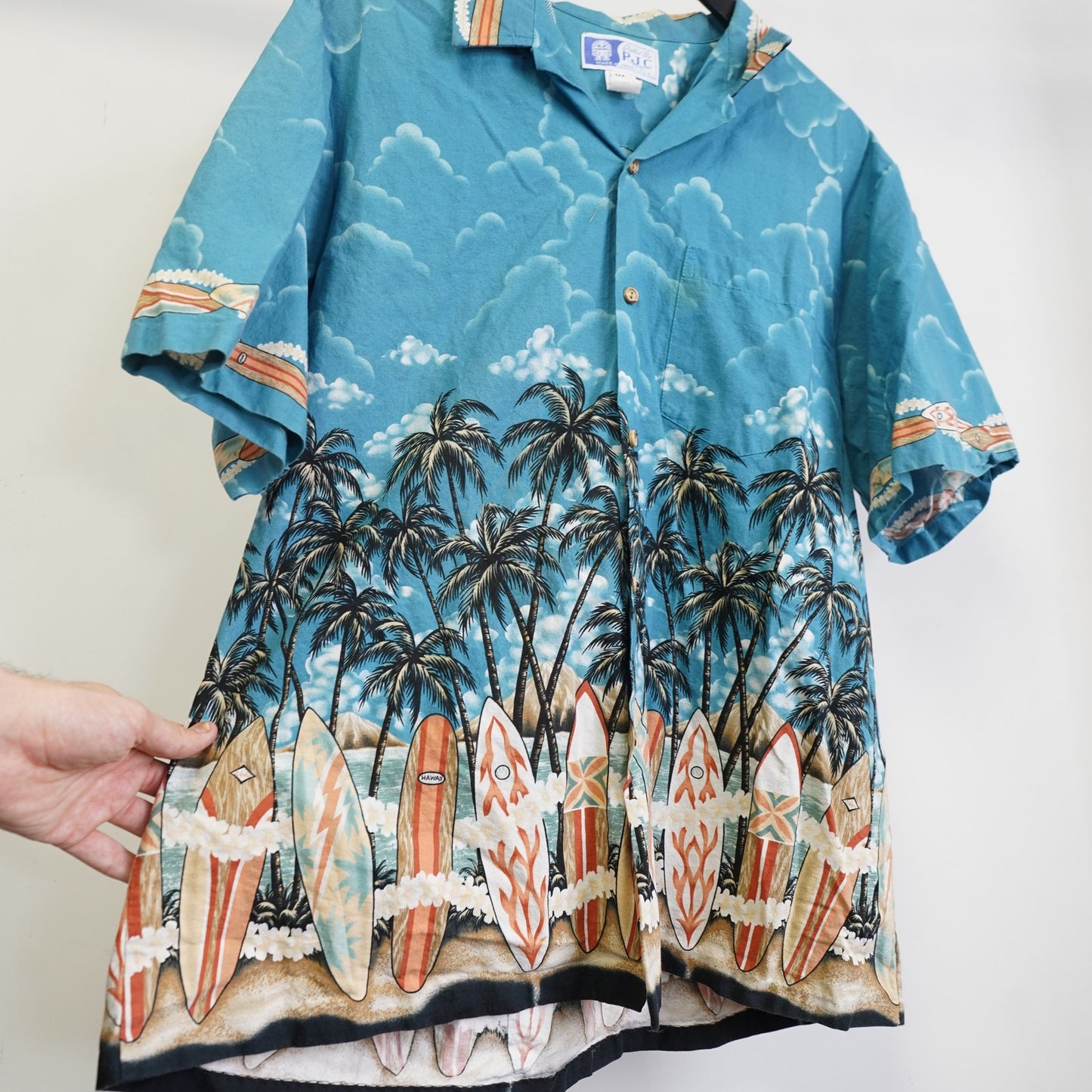 (XL) Vintage RJC Hawaiian Shirt Tropical Surfboard Men's XL Blue 90s Pal Tree Floral