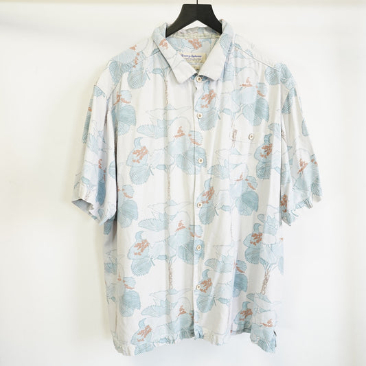 (3XL) Tommy Bahama 100% Silk Hawaiian Shirt Men's 3XL Light Blue Palm Trees