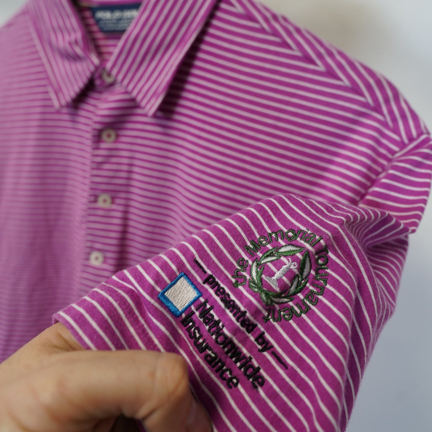 (M) Polo Golf Ralph Lauren Vintage Lisle Shirt Men M Pink Striped Big Pony Tournamen