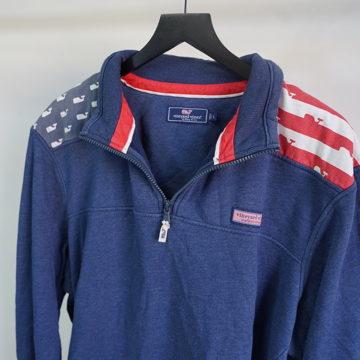 (L) Vineyard Vines Patriotic 1/4 Zip American Flag Sweater Men's L Blue Jacket Whale