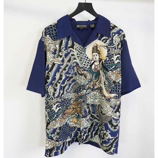 (L) Vintage Dragonfly Y2K Samurai Japanese Button Up Shirt Men's L Blue AOP 2000s