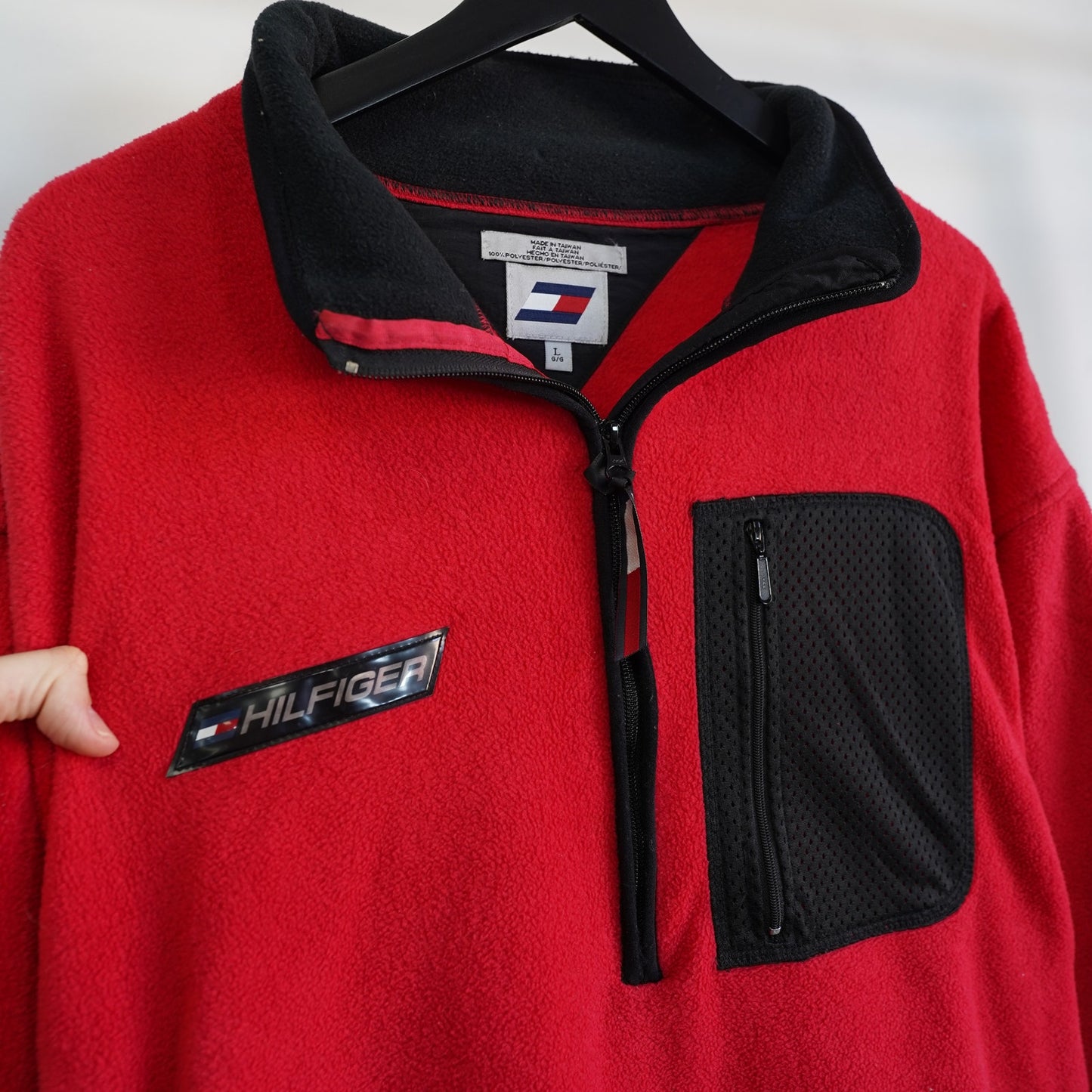 (L) Vintage Tommy Hilfiger Athletics 1/4 Zip Fleece Pullover Men's L Red Jacket
