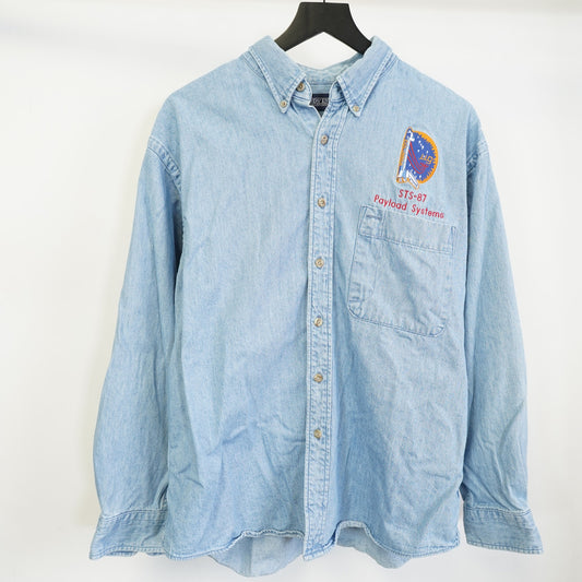 (L) Vintage Nasa Columbia Space Shuttle Denim Button Up Shirt Men's L 90s Stitched