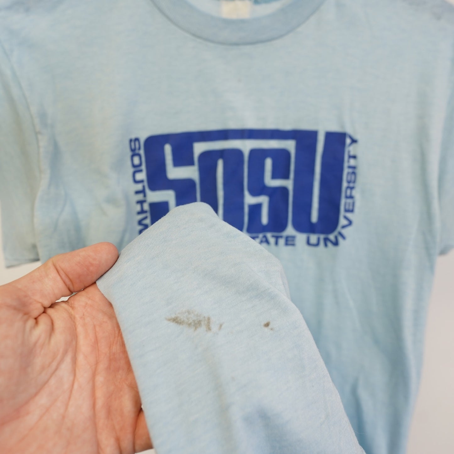 (S) True Vintage 70s Southwestern State University T-Shirt Men's S Baby Blue Worn